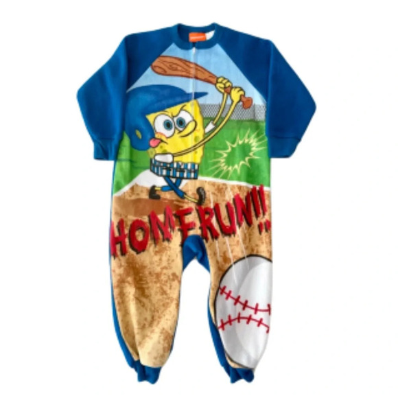 Vintage Kids Y2K 2003 SpongeBob Baseball Home Run Fleece Zip Up One Piece Size 4 - Picture 1 of 7
